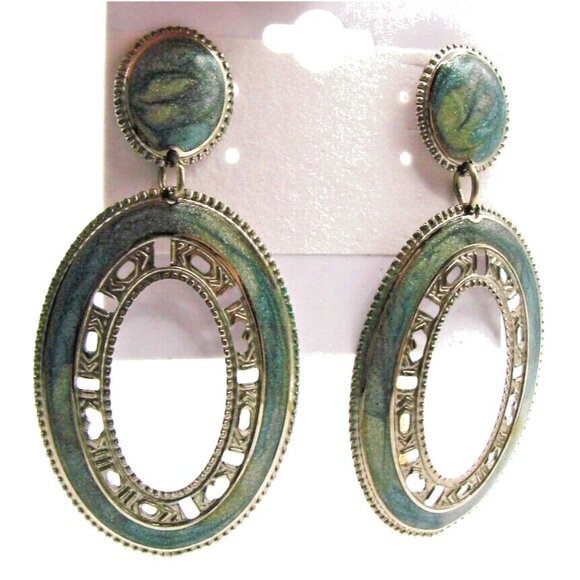 Silver Tone Western Concho Style Earrings Oval Blue Green Enamel Swirl Fashion - Picture 3 of 9